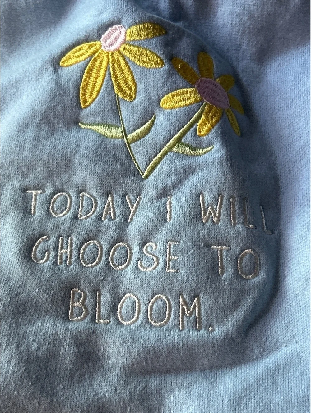 Gildan Heavy Blend Light Blue Sweatshirt with Embroidered Flowers and Motivating